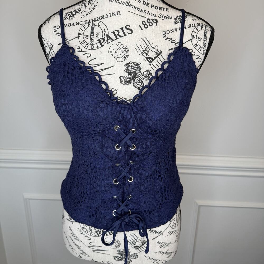 Lily White Women’s Corset Top Med Blue Lace Up Spaghetti Straps Lace Coquette